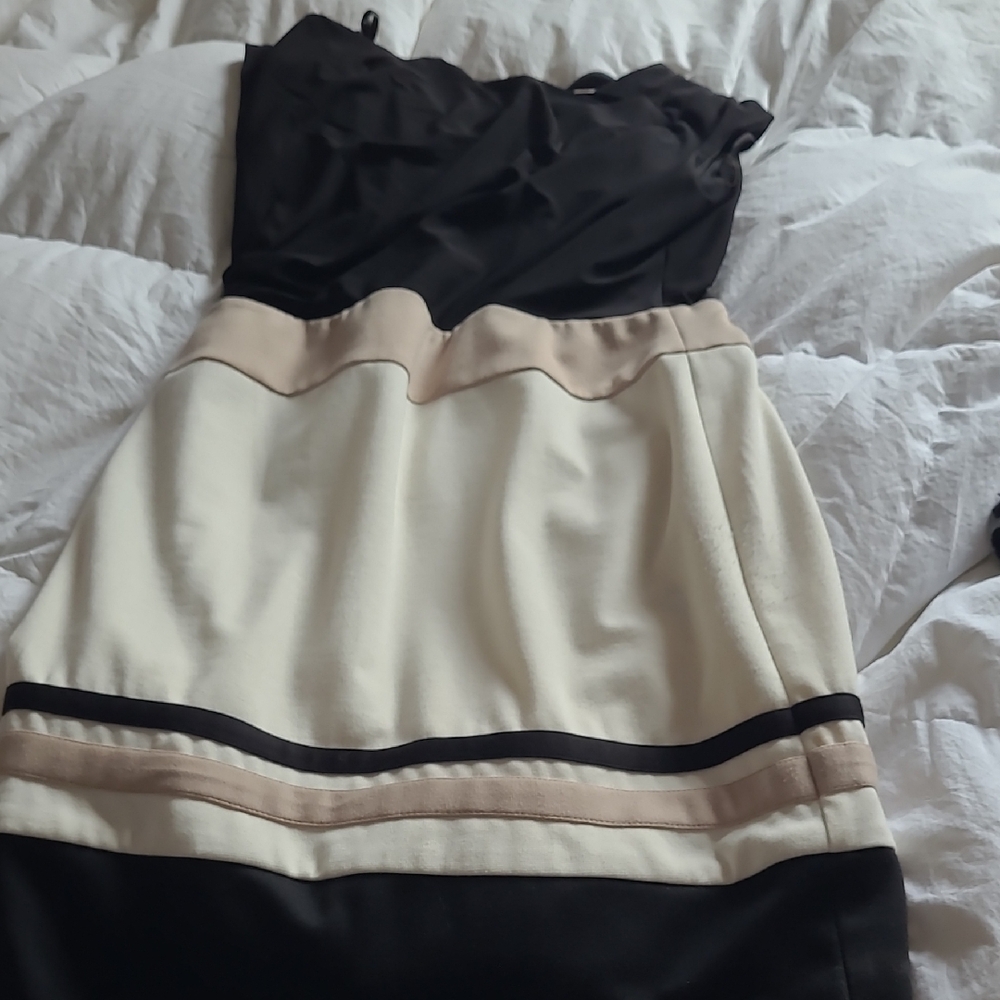 Sandra Darren Strapless Colorblock Dress in Black, Cream, and Tan Accents
